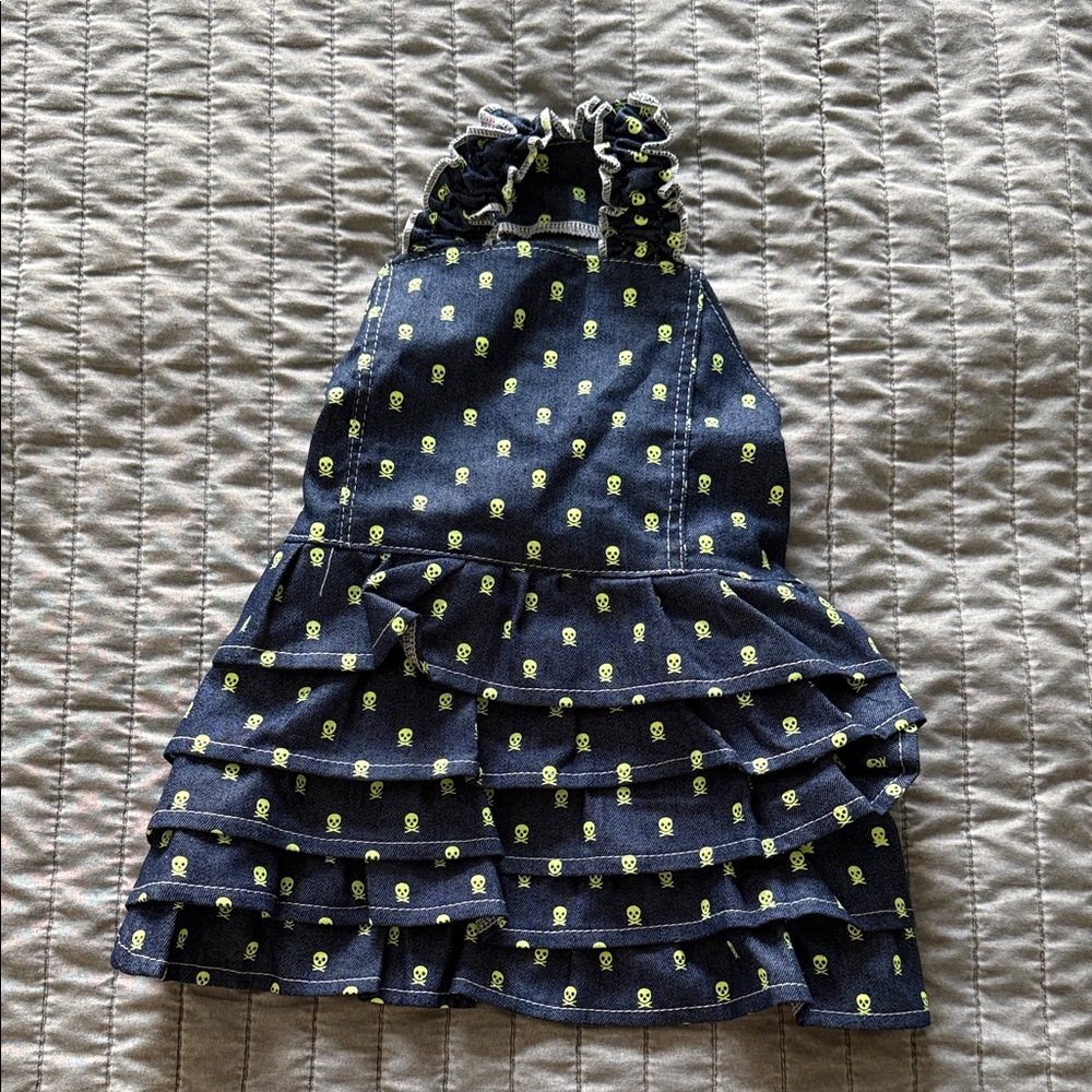 Dog Ruffled Denim Dress with Green Skull Print